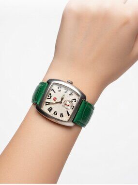 Michele Mini Urban Watch – Silver/Green Leather + Gray Silicone Band | EUC